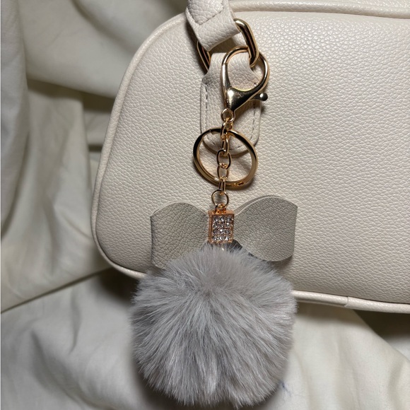 Accessories - Gray Fluffy Rhinestone Bow Pom Pom Keychain Bag Charm
